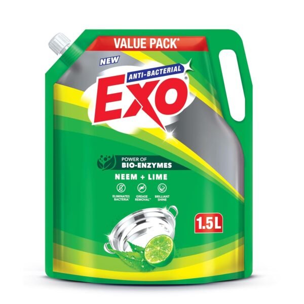 Exo Anti-Bacterial Liquid Dishwash Gel - 1.5L Value Pack | Anti-Bacterial Formula with Neem & Lime for Sparkling Clean Utensils | Powered with Bio Enzymes for Tough Grease Removal & Brilliant Shine