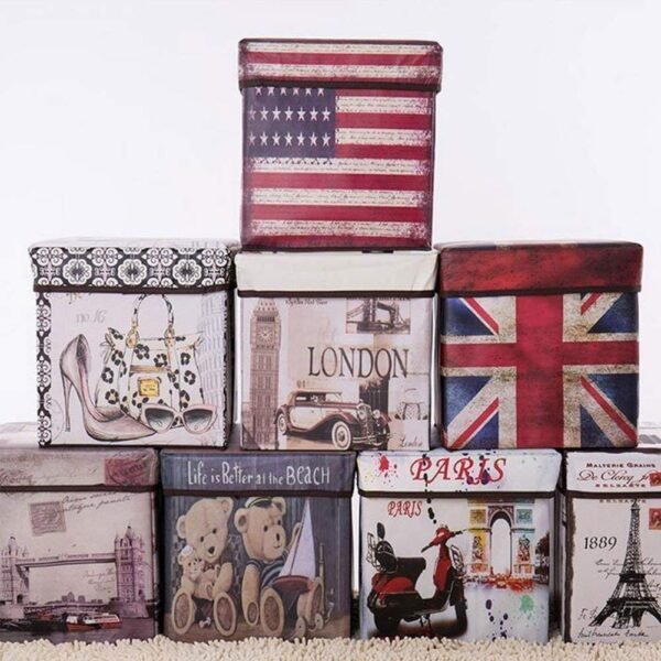 Fabric Foldable Organizer Stool Cum Chest Storage Box Sitting Stool Ottoman with Lid Multi-Functional Collapsible Ottoman Footrest Seat Footstool for Living Room Office (with Design)