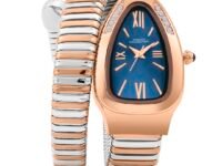 French Connection Eternelle Curve | Blue Dial with Rose Gold Case | Flexible Wrap Bracelet Strap | Crystal Accent Design | Roman Numerals Analog Watch for Women - FCN0142URTM