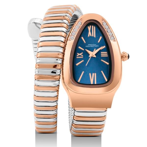 French Connection Eternelle Curve | Blue Dial with Rose Gold Case | Flexible Wrap Bracelet Strap | Crystal Accent Design | Roman Numerals Analog Watch for Women - FCN0142URTM