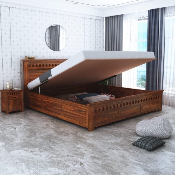 Ganpati Arts Solid Sheesham Wood Armania King Size Bed with Hydraulic Storage Bed for Bedroom Living Room Solid Wooden Furniture Double Bed for Home Hotels -(Natural Finish) 1 Year Warranty