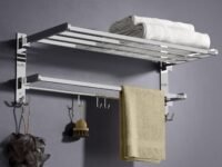 Gloxy Towel Rack in Bathroom - Stainless Steel Towel Holder in Bathroom - 24 Inch Folding Wall Mounted Towel Rack with Shelf – Durable & Space Saving – Chrome Finish Bathroom Organizer (Non-Adhesive)