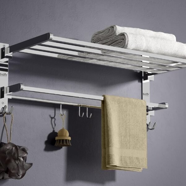 Gloxy Towel Rack in Bathroom - Stainless Steel Towel Holder in Bathroom - 24 Inch Folding Wall Mounted Towel Rack with Shelf – Durable & Space Saving – Chrome Finish Bathroom Organizer (Non-Adhesive)