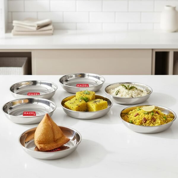 HAZEL Multipurpose Stainless Steel Plates Set for Kitchen | Serving Plate for Snacks, 200 ML, Set of 6