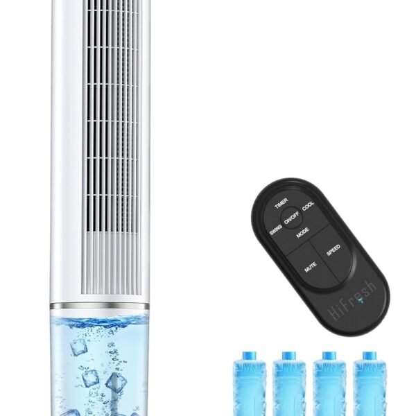 HIFRESH 107CM Tower Fan for Room w/Cooling Function, Bladeless Tower Fans for Home, Remote & Touch, 4 Modes & 3 Speeds, 26Ft Air Throw, 12H Timer, 4 Ice Packs, Auto Rotation, Low Power Consumption