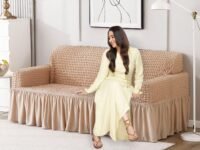 HOKIPO 280 GSM Elastic Stretchable Bubble Sofa Frill Cover for 3 Seater, Beige (AR-4604-B1)