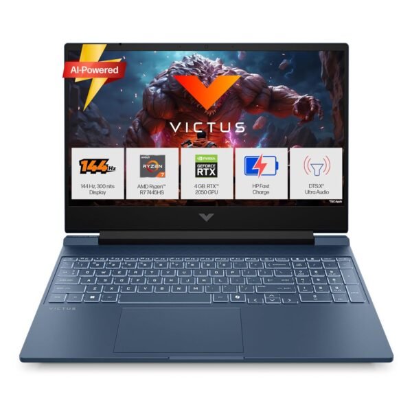 HP Victus, AMD Ryzen 7 7445HS, 4GB RTX 2050, 16GB DDR5(Upgradeable) 512GB SSD, FHD, 144Hz, 300 nits, IPS, 15.6'', Win11, M365* Office24, Blue, 2.29kg, fb3189ax /3122/ 23ax Backlit, Gaming Laptop