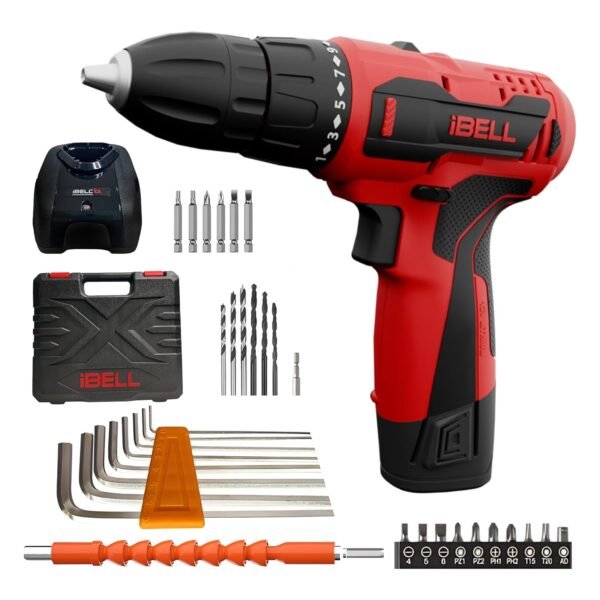 IBELL 12V Cordless Drill Driver CD12-74|17+1 Mode setting|1450 RPM|10mm Chuck|LED Light|2-Speed Mode|1500mAh|32 Accessories|Perfect for Home & DIY,Red/Black BMC Box.