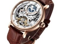 IK COLOURING Bestn Mens Luxury Skeleton Automatic Mechanical Wrist Watches Leather Moon Phrase Luminous Hands Self-Wind Watch