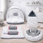 Infantbond Cotton Designer Mattress With Net | Baby Sleeping Bag | 4 Pcs Bedding | 1 Nest(0-6 Months) (Moon Grey), Modern