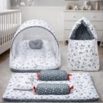 Infantbond Designer Mattress with Net | Baby Sleeping Bag | Carry Bed (0-6 Months) (Moon Grey(N,S))