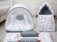 Infantbond Designer Mattress with Net | Baby Sleeping Bag | Carry Bed (0-6 Months) (Moon Grey(N,S))