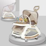 Infantso Prime (5-in-1) Baby Rocker for 0 to 2 Years with Mosquito Net | Portable Rocker for Newborn | Convertible Walker, Feeding Chair, Push Cart & Seat with Music, Light, Tray & Canopy - Beige