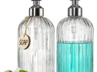 JASAI 2PACK 18 Oz Glass Soap Dispenser with Rust Proof Stainless Steel Pump, Refillable Hand Soap Dispenser with Vertical Stripe, Premium Bathroom soap Dispenser for Kitchen & Bathroom