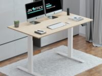 JIN OFFICE Zenith Electric Height Adjustable Table| Standing Desk with 100 Kg Wt. Capacity & 3 Year Warranty| Ergonomic Desk| Sit Stand Table with 3 Memory Preset| White & Maple|1200X750mm/25MM Thick
