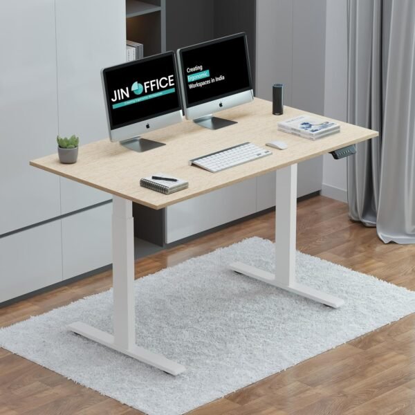 JIN OFFICE Zenith Electric Height Adjustable Table| Standing Desk with 100 Kg Wt. Capacity & 3 Year Warranty| Ergonomic Desk| Sit Stand Table with 3 Memory Preset| White & Maple|1200X750mm/25MM Thick