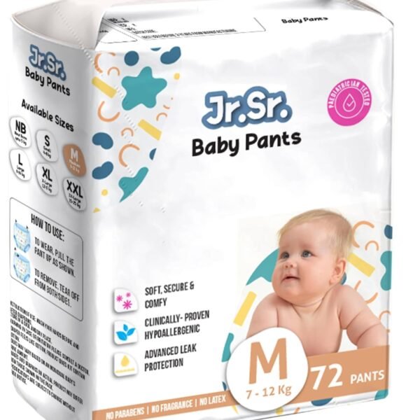 Jr. Sr. Baby Diaper Pants | Medium (M) Size (7-12 kg), 72 Count | Pack of 1 | Upto 12 hr Absorption with Advanced Leak Protection | Safe For Babies Skin | Soft, Secure & Comfy