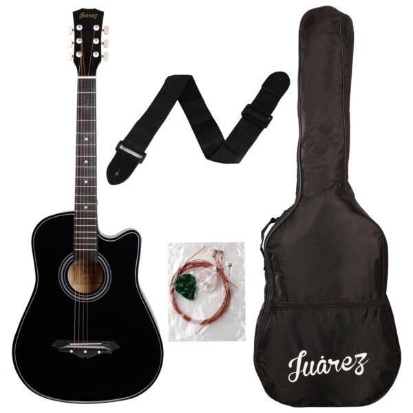 Juârez Acoustic Guitar Kit, JRZ38C/BK 38 Inch Cutaway, 038C with Bag, Strings, Pick and Strap, Black