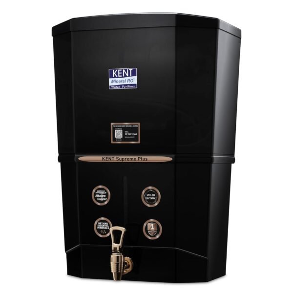 KENT Supreme Plus Alkaline+Copper RO Water Purifier | RO+UV+UF+Alk +Cu+TDSControl+UV LED Tank|Advanced ROTech for SabseShudh Paani |Auto Flush| 8L|20LPH| Ideal for Borewell/Tanker/MunicipalWater|Black