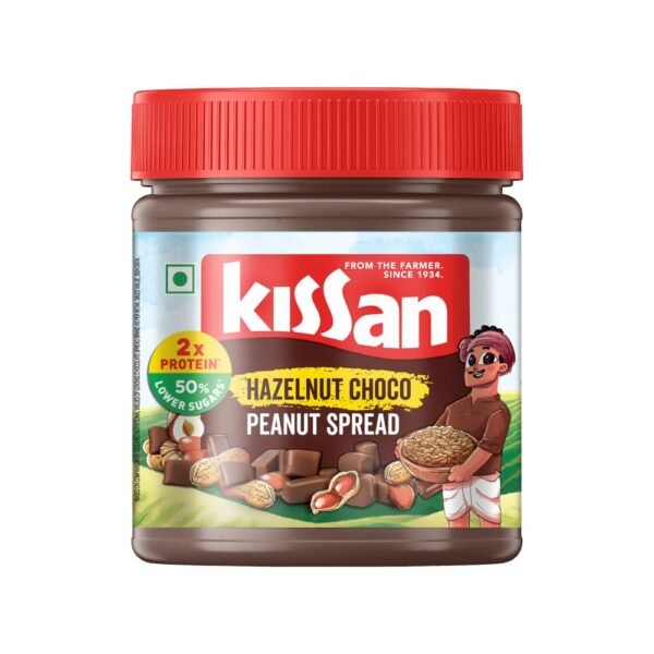 KISSAN Hazelnut Choco Peanut Spread, 350g, for a Tasty Breakfast, with 18% Protein & 30% Dark Chocolate Creme, 50% Less Sugar than Leading Spreads, no Added Colours or Preservatives