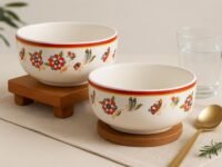 KITTENS Ceramic Serving Bowls Set of 4 – 400ml Each – Handcrafted Floral & Butterfly Print – Glossy Finish – Microwave & Dishwasher Safe – Food Grade – for Soup, Curry, Snacks, Diwali & Daily Use