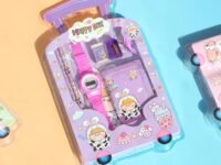 Khushi Creation HUB Kids Stationery Gift Set 7 Pieces Includes School Supply 2 Pencil, 1 Pencil Gripper, 1 Eraser, 1 Sharpener,1 Wallet in Trolley Design Case (Purple)