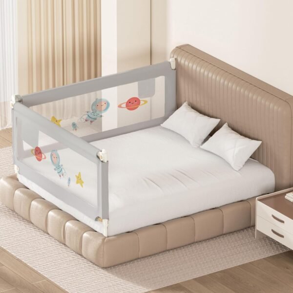 Kids Station Baby Bed Rail Guard for Toddlers Safety - Easy to Fold - Sturdy - See Through Mesh - Portable and Adjustable Height - 6.6ftx5ft or 200x150cm (2 Sides, Grey, with Pocket)