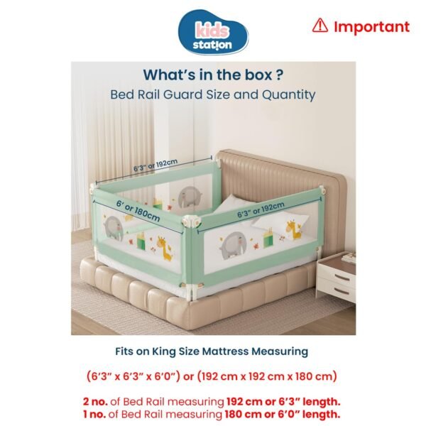 Kids Station Foldable Baby Bed Rail Guard for Child Safety - 28 Levels of Adjustable Height - Safeguard for Baby Proofing - 6.3ftx6ftx6.3ft or 190x180x190cm (3 Sides, Green, Basic)