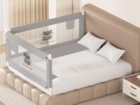 Kids Station Premium Baby Bed Rail (6ft x 5ft / 180x150cm), Foldable Steel Safety Guard with Anti-Suffocation Cloth, 2 Side Adjustable Bed Rail, Grey