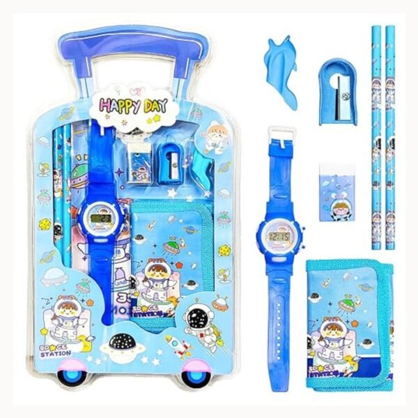 Kids Stationery Gift Set with Digital Watch, Wallet, Pencils, Sharpener & Eraser | Space Theme Trolley Pack | School Supplies Combo for Boys & Girls | Birthday Return Gift Set