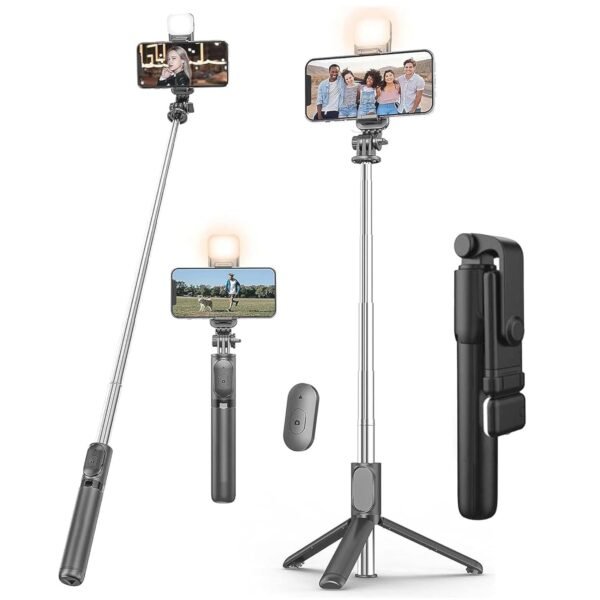 Kratos 28 Inch Selfie Stick Tripod Stand with Light, 3-in-1 Multifunctional Design, Rechargeable LED Light with Two Brightness Levels with Bluetooth Remote for Makeup, Selfie & Photoshoot