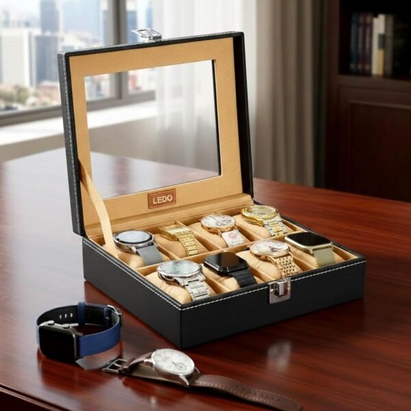 LEDO Men's and Women's Watch Box Holder Organizer Case In 8 Slots of watches In PU Leather with Black & Cream