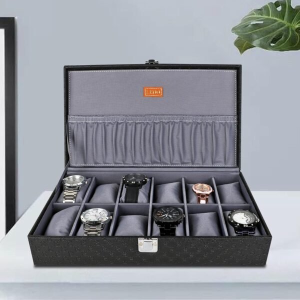 LEDO Men's and Women's Watch Box Organizer Case In 12 Slots of watches In Black color with Gray Velvet