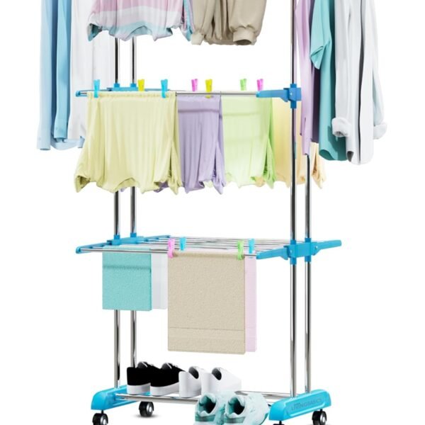 LIVINGBASICS 18 Clips with 3 Layer Finest Clothes Stand for Drying/Cloth Drying Stand/Cloth Stand for Drying Clothes Foldable/Cloth Drying Stand for Balcony/Stainless Steel Dryer Rack (Blue)