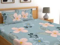 LOOMLYFE 300 TC Cotton Feel Glace Cotton Elastic Fitted Printed King Size Double Bed Bedsheet with 2 Pillow Covers Fits Upto 8 inches Mattress, Size- 72X78 Inches, Skypeachflower