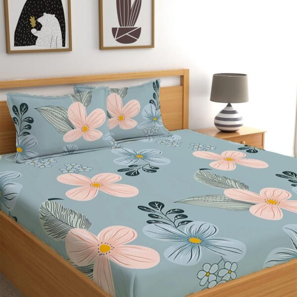 LOOMLYFE 300 TC Cotton Feel Glace Cotton Elastic Fitted Printed King Size Double Bed Bedsheet with 2 Pillow Covers Fits Upto 8 inches Mattress, Size- 72X78 Inches, Skypeachflower