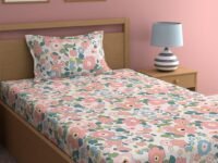LOOMLYFE 300 TC Cotton Feel Glace Elastic Fitted Printed Single Bed Bedsheet with 1 Pillow Cover Fits Upto 6 Inches Mattress,Size- 42X75X8 Inches, Pinkflowers