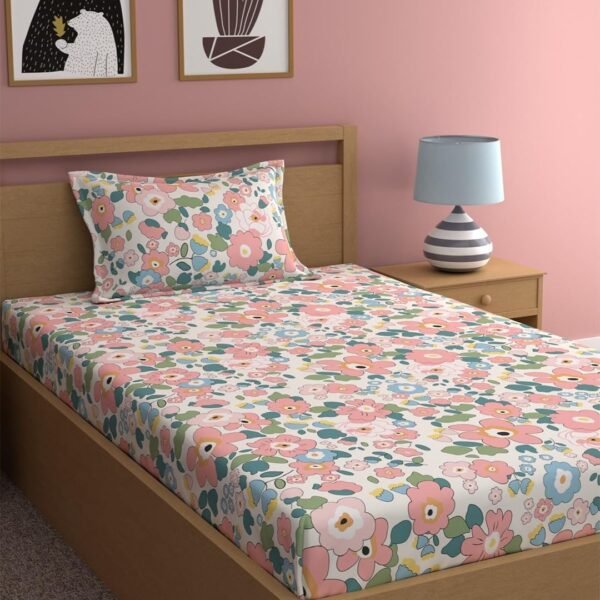 LOOMLYFE 300 TC Cotton Feel Glace Elastic Fitted Printed Single Bed Bedsheet with 1 Pillow Cover Fits Upto 6 Inches Mattress,Size- 42X75X8 Inches, Pinkflowers