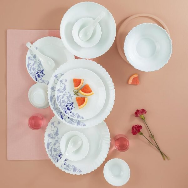 Larah by Borosil Blue Eve Silk Series Opalware Dinner Set | 35 Pieces for Family of 6 | Microwave & Dishwasher Safe | Bone-Ash Free | Crockery Set for Dining & Gifting | Plates & Bowls | White