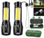 Led Flashlight Rechargeable USB Torch Mini Small Light Super Bright Handheld Tiny Portable Pocket Flash Light with COB Side Searchlight High Lumens Zoomable Emergency Camping Accessories 2 Pack