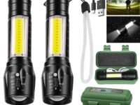 Led Flashlight Rechargeable USB Torch Mini Small Light Super Bright Handheld Tiny Portable Pocket Flash Light with COB Side Searchlight High Lumens Zoomable Emergency Camping Accessories 2 Pack
