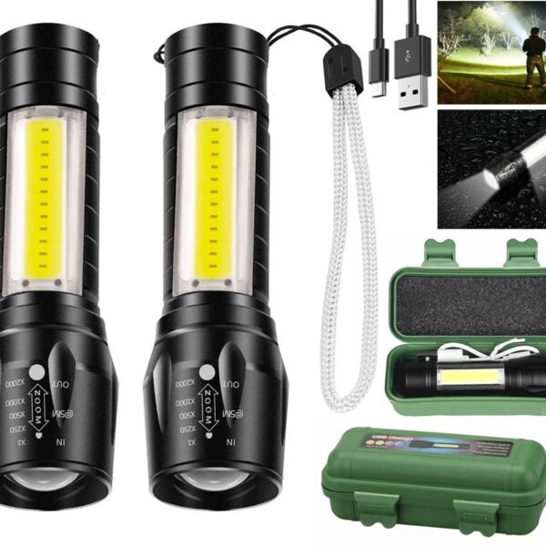Led Flashlight Rechargeable USB Torch Mini Small Light Super Bright Handheld Tiny Portable Pocket Flash Light with COB Side Searchlight High Lumens Zoomable Emergency Camping Accessories 2 Pack