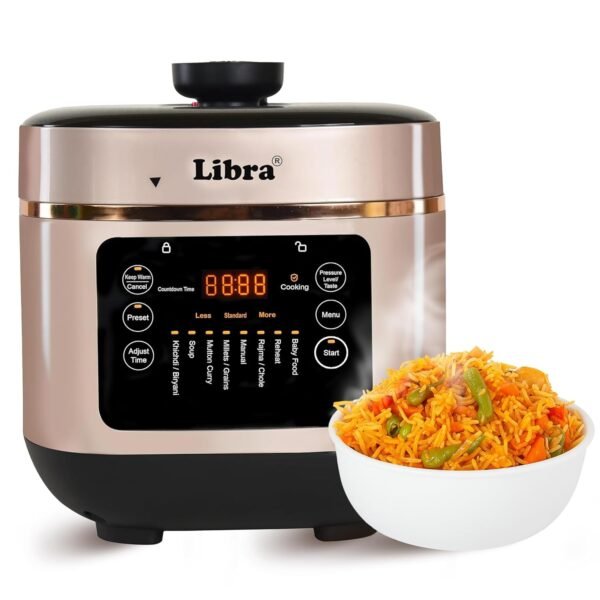 Libra 6 Litre Electric Cooker | Electric Pressure Cooker with Advanced Float Valve Safety | One-Touch Multi Cooking | Indian Preset Menus and Rice Cooker (Rose Gold)