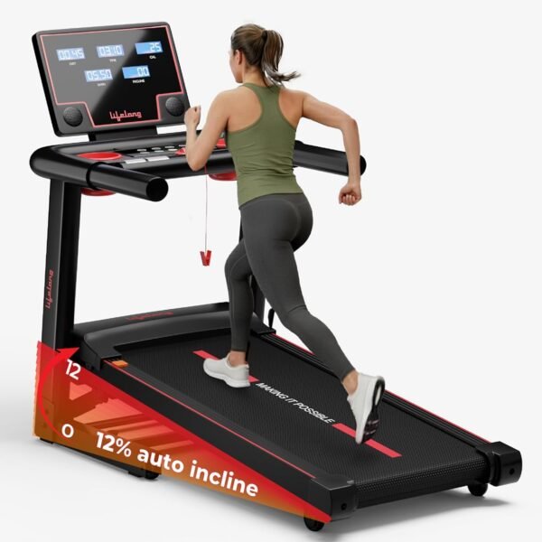 Lifelong 5HP Foldable Treadmill for Home | Home Workout Equipment | LED Display | 12% Auto Incline | 14 km/h Speed | 12 Preset Programs | Hydraulic Fold | Bluetooth & FitShow App | 110kg Max Weight