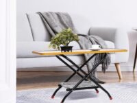 Livzing Height Adjustable Foldable Tea Table - Wooden Center Table - Powder Coated Metal Side Table/Coffee Table/Bedside Table for Home Office - Portable Laptop Table with Storage Rack - Brown