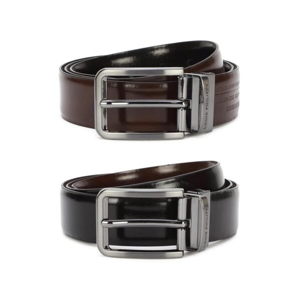 Louis Philippe Men Solid Reversible Formal Italian Leather with Brush Gun Metal Buckle Belt