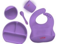 LuvLap 5-in-1 Silicone Baby Cutlery Set, Baby Feeding & weansing Essentials-Divider Plate withsuction Base, Tumbler, Bib with Crumb Catcher, Food Bowl with Suction Base, Silicone Spoon (Purple)