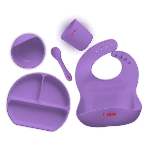 LuvLap 5-in-1 Silicone Baby Cutlery Set, Baby Feeding & weansing Essentials-Divider Plate withsuction Base, Tumbler, Bib with Crumb Catcher, Food Bowl with Suction Base, Silicone Spoon (Purple)