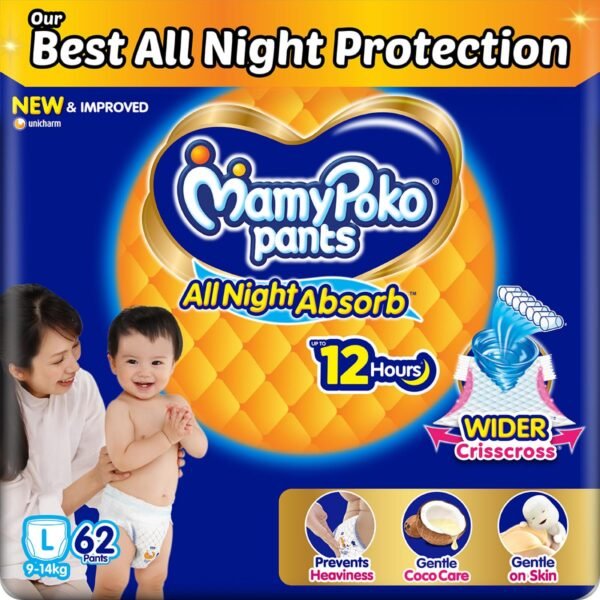 Mamypoko pants All night absorb| Pant Style Baby Diapers Large Size(L), 62 Count, Ideal for 9-14Kgs|1 Diaper= Upto All night Absorption|Wider Crisscross Sheet|Gentle Coco Care| 12hr Leakage Protection| Prevents Heaviness.