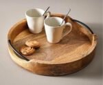 Medium Rustic Round Wooden Serving Tray 10x10x2 Inches - Handcrafted Mango Wood with Iron Handles - Decorative Kitchen & Dining Table Tray - Brown